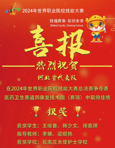 熱烈祝賀我校“2024年世界職業(yè)院校技能大賽總決賽爭奪賽醫(yī)藥衛(wèi)生賽道四——康復技術(shù)（賽項）”銀獎